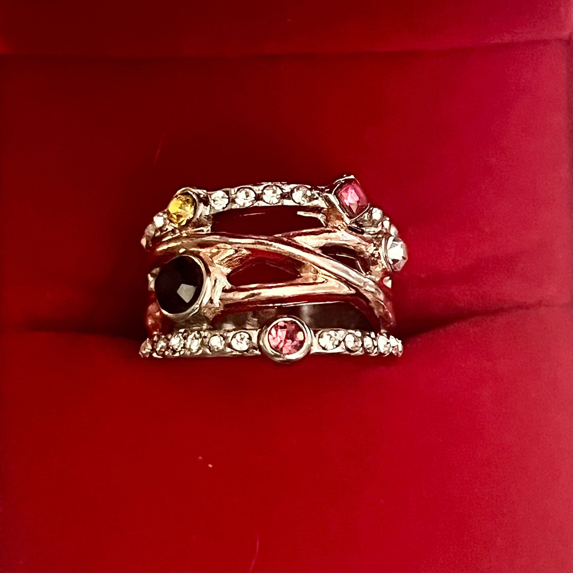 Vintage Rose Gold Multi-Stone Wide Rhinestone Ring Size 6 2