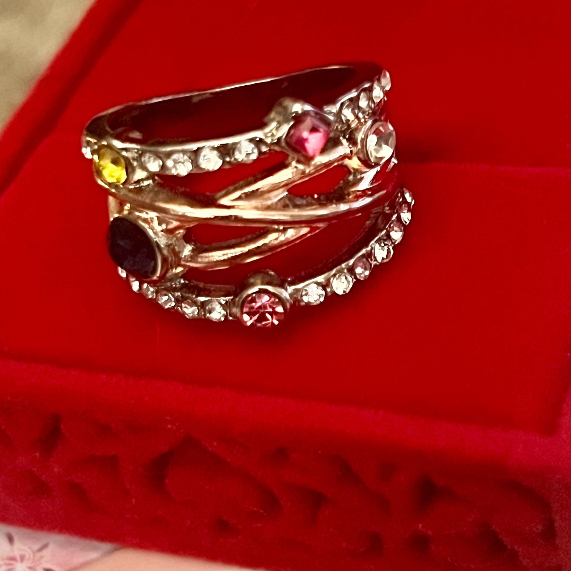 Vintage Rose Gold Multi-Stone Wide Rhinestone Ring Size 6 6