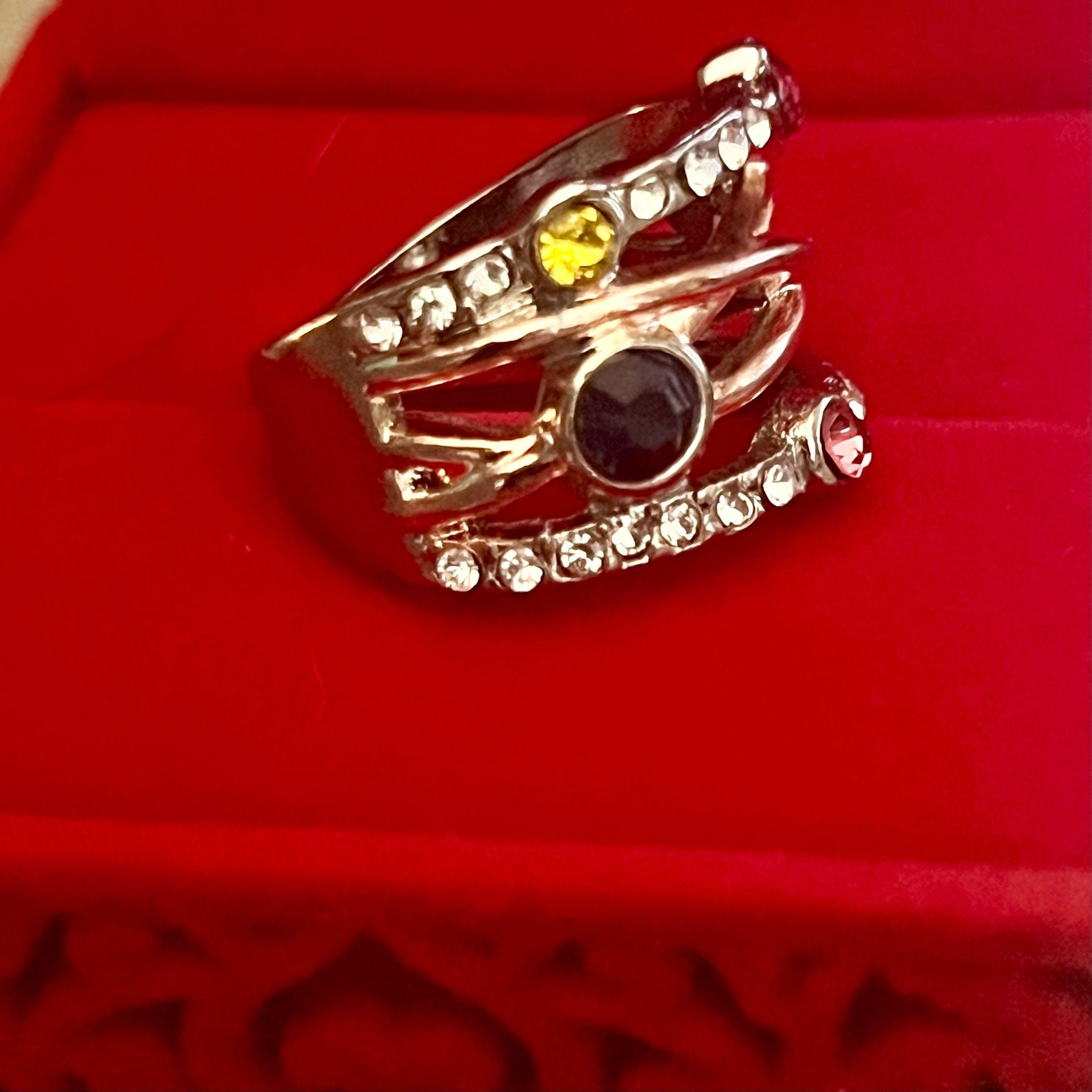 Vintage Rose Gold Multi-Stone Wide Rhinestone Ring Size 6 8