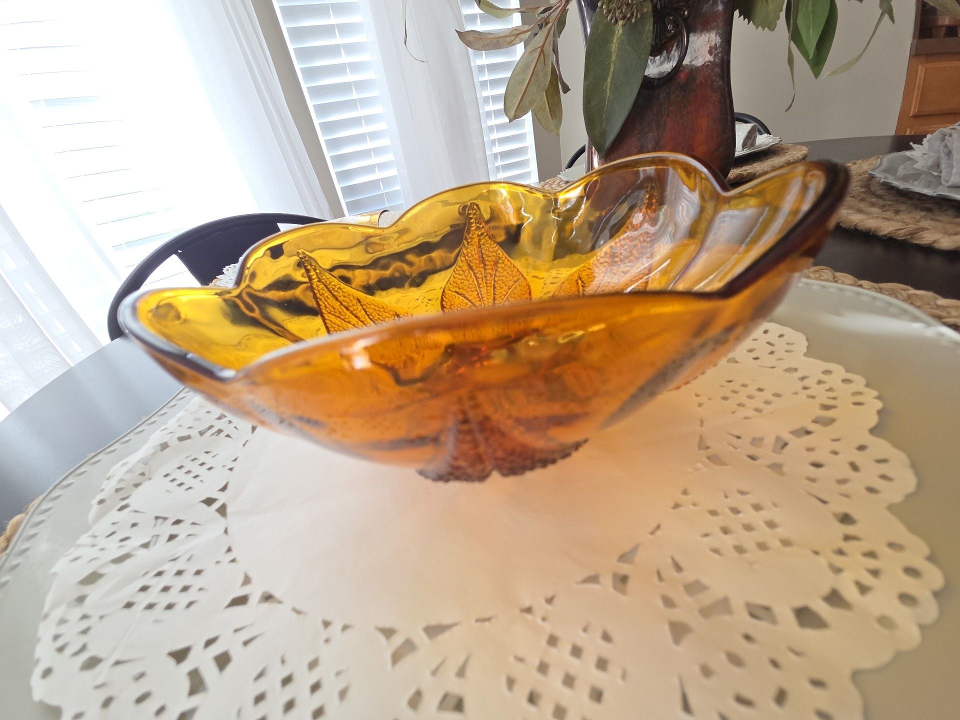 Indiana Glass Amber Pressed Flower Petal Design Vintage Glass Bowl 2