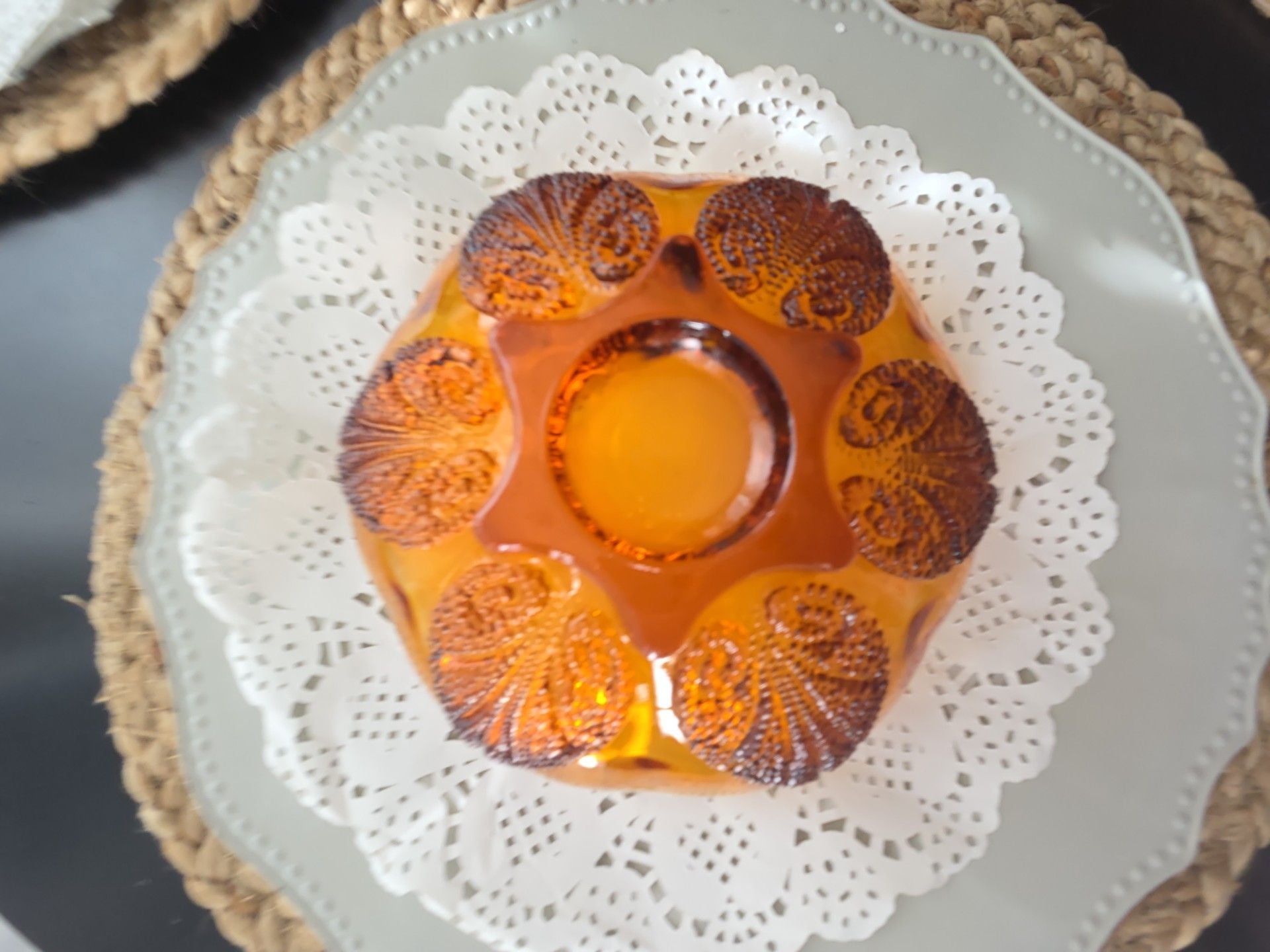 Indiana Glass Amber Pressed Flower Petal Design Vintage Glass Bowl 4