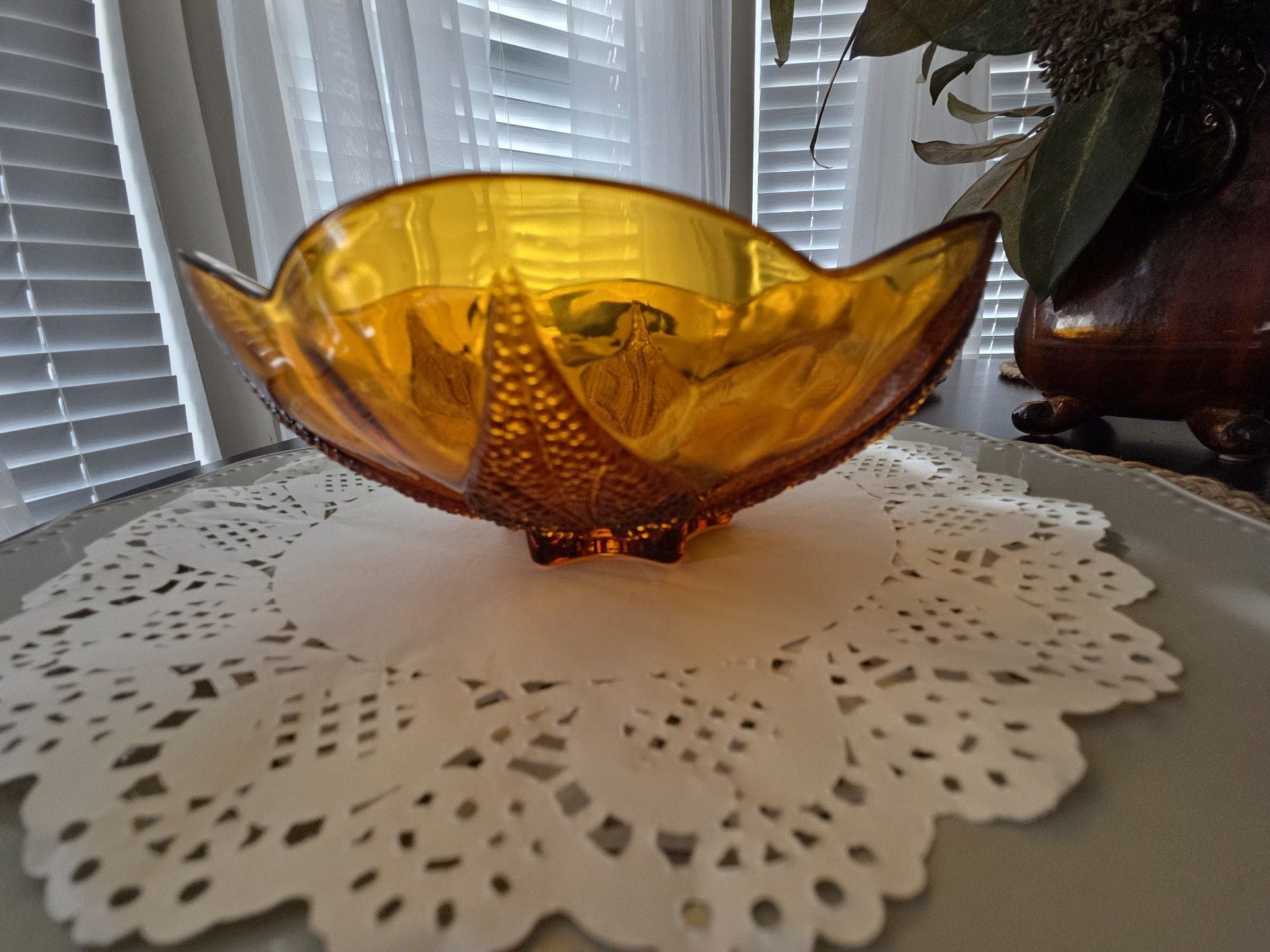 Indiana Glass Amber Pressed Flower Petal Design Vintage Glass Bowl 5