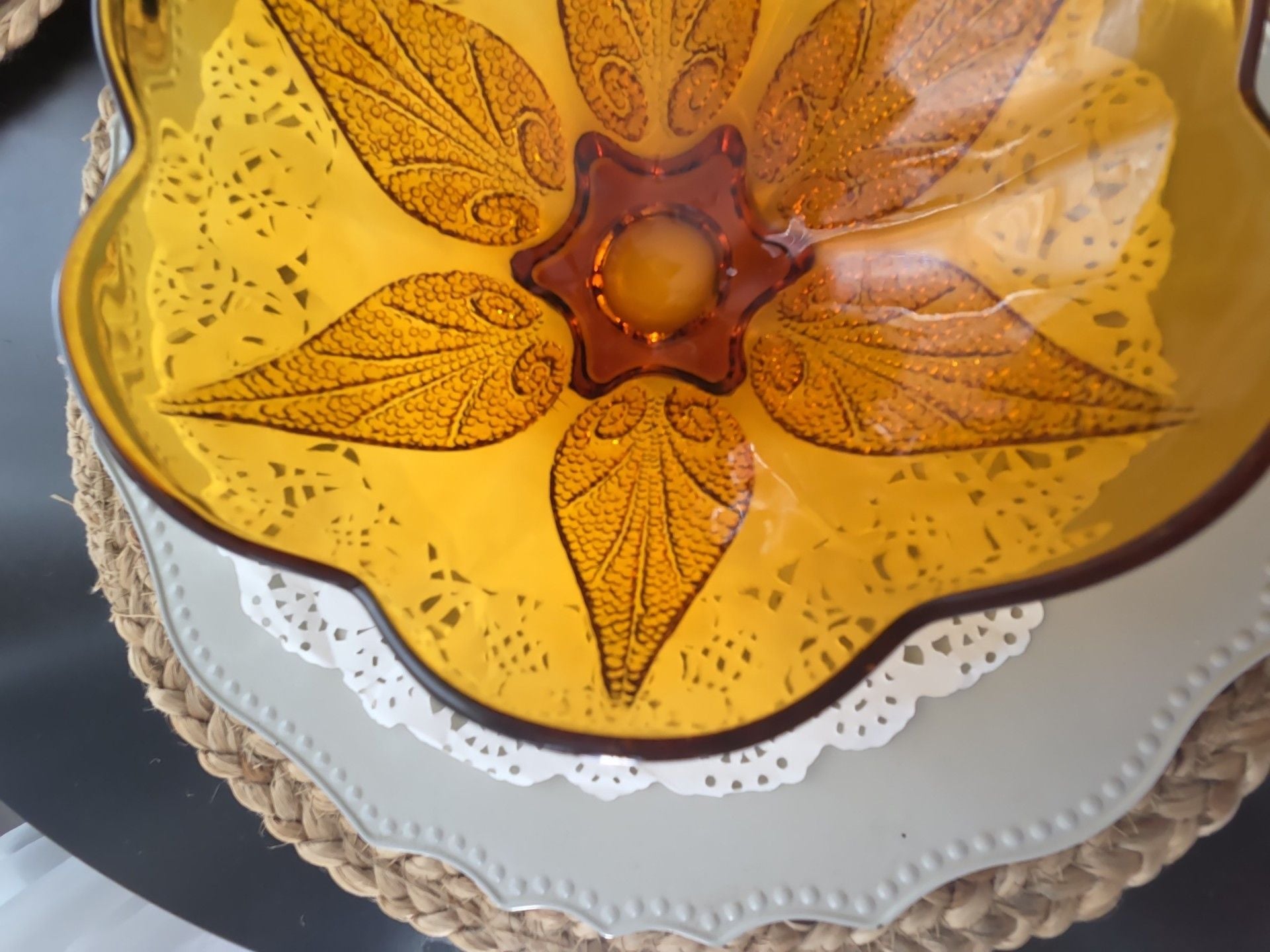 Indiana Glass Amber Pressed Flower Petal Design Vintage Glass Bowl 6