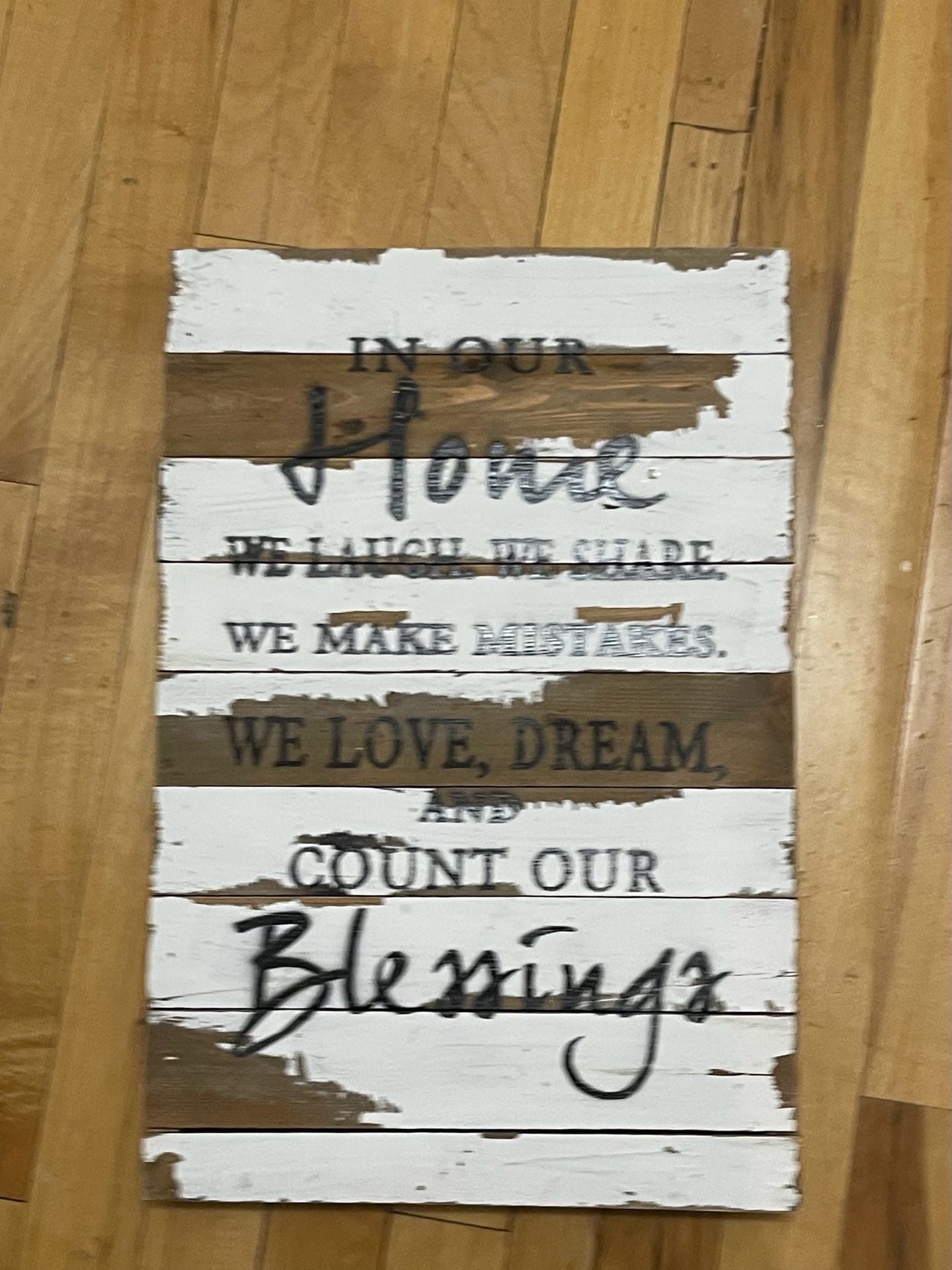 Sweet Bird & Co. Pallet Wood Sign In Our Home We Laugh We Share 1