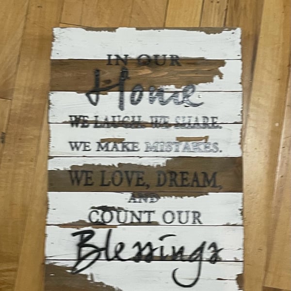 Sweet Bird & Co. Pallet Wood Sign In Our Home We Laugh We Share