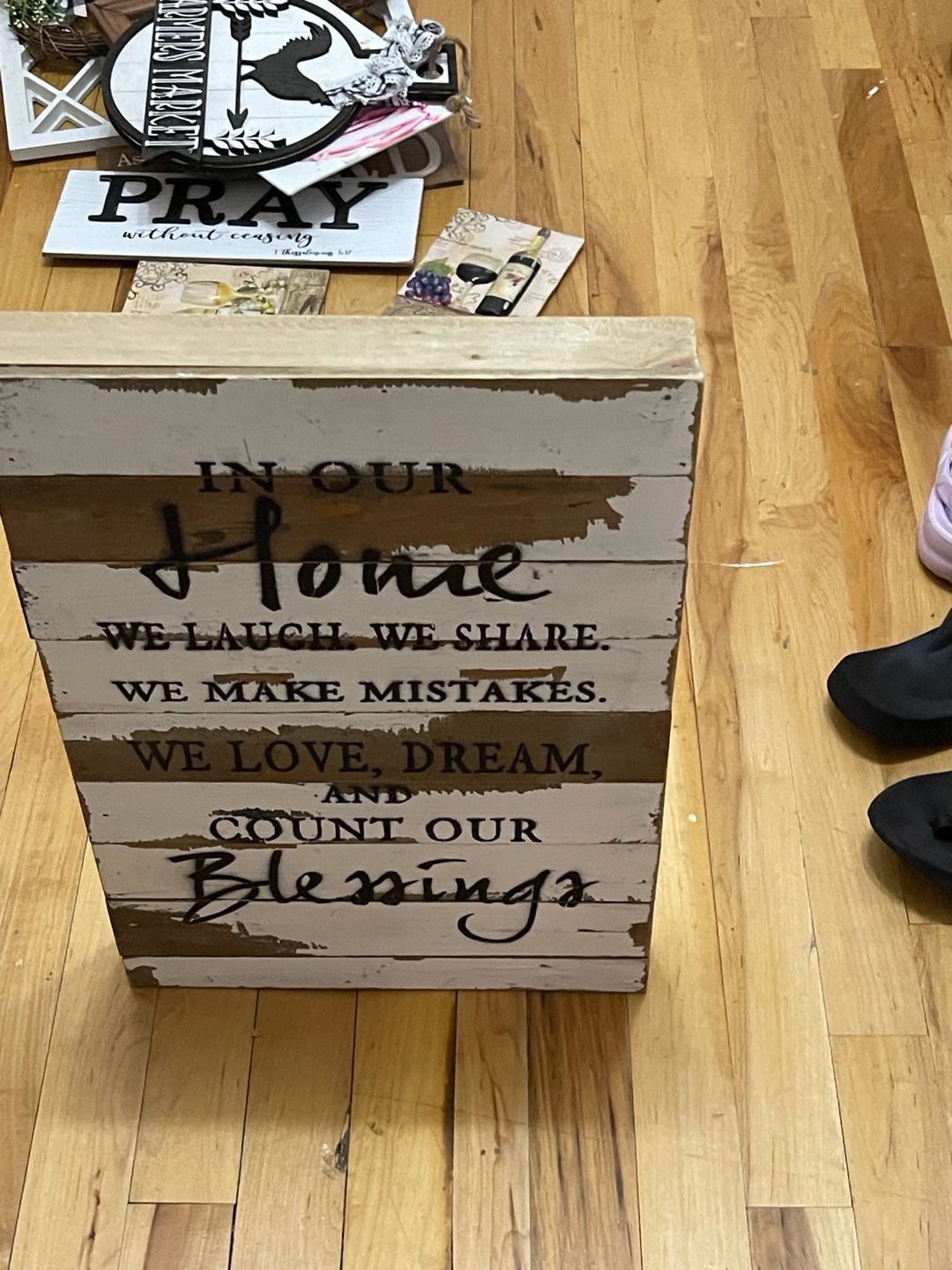 Sweet Bird & Co. Pallet Wood Sign In Our Home We Laugh We Share 3