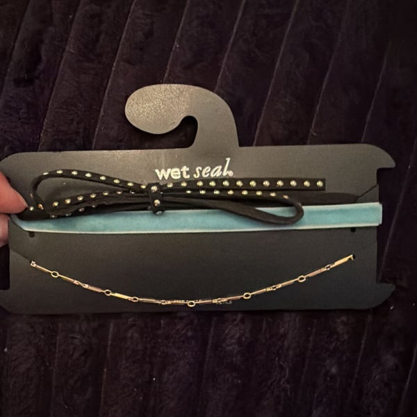 Wet Seal Studded Leather Choker and Gold color Chain Necklace Set
