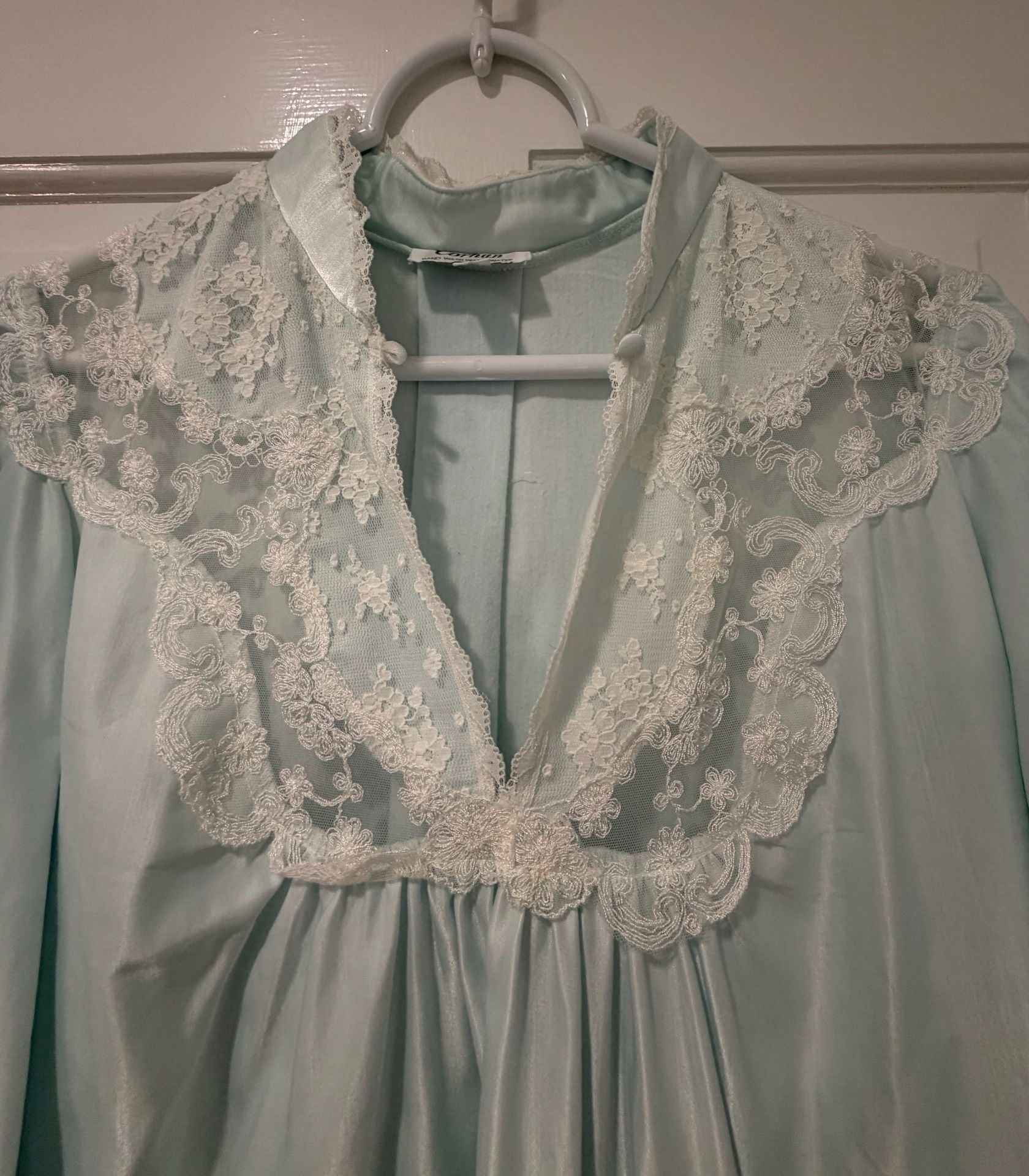 Vintage Cottagecore Coquette Corhan Nightgown Light Blue Satin Lace 2