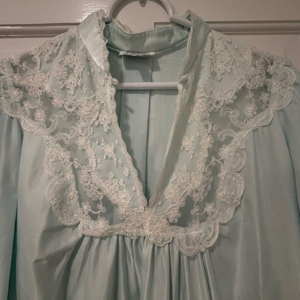 Vintage Cottagecore Coquette Corhan Nightgown Light Blue Satin Lace 
