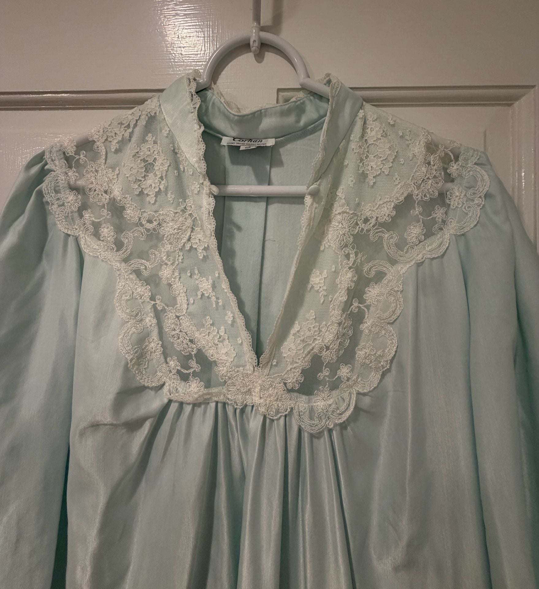 Vintage Cottagecore Coquette Corhan Nightgown Light Blue Satin Lace 4