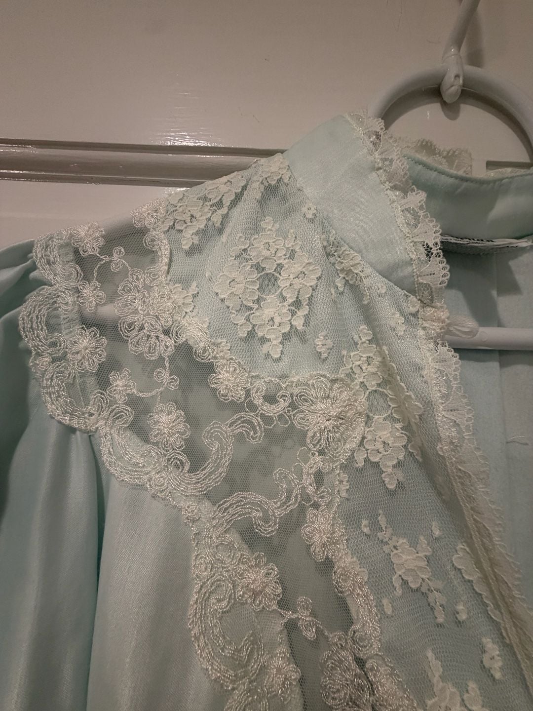Vintage Cottagecore Coquette Corhan Nightgown Light Blue Satin Lace 5