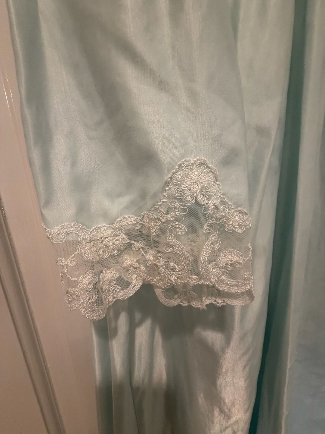 Vintage Cottagecore Coquette Corhan Nightgown Light Blue Satin Lace 8
