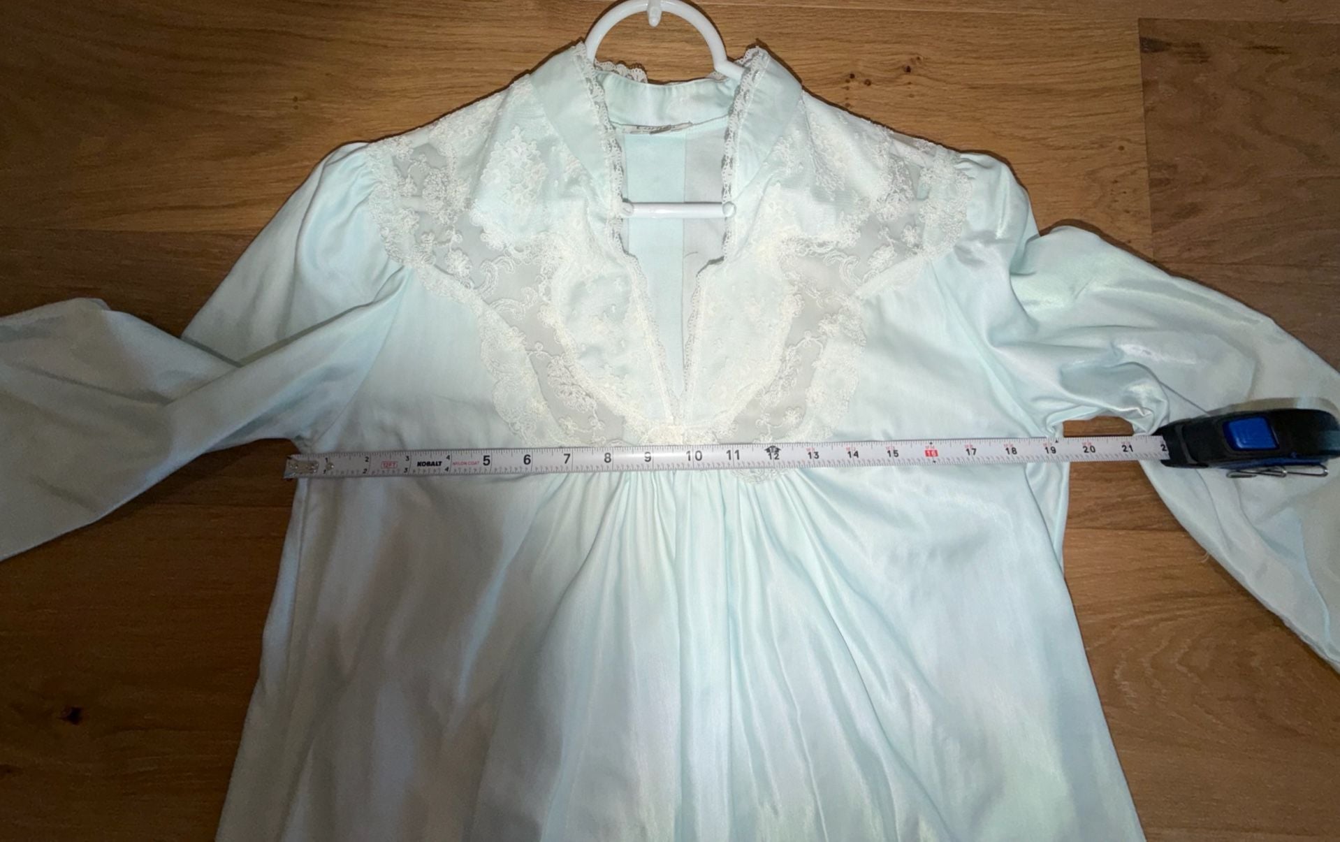 Vintage Cottagecore Coquette Corhan Nightgown Light Blue Satin Lace 10