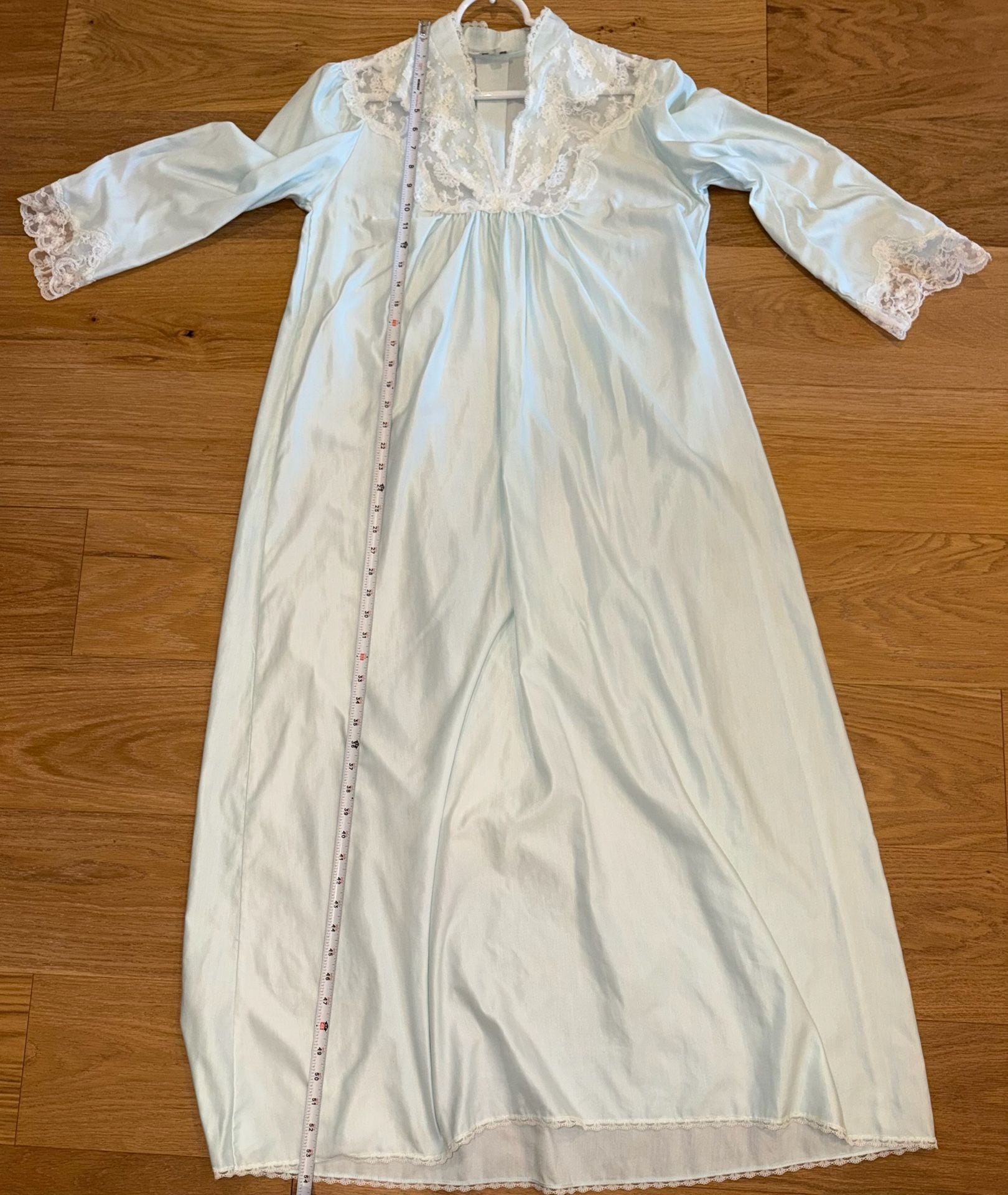 Vintage Cottagecore Coquette Corhan Nightgown Light Blue Satin Lace 11