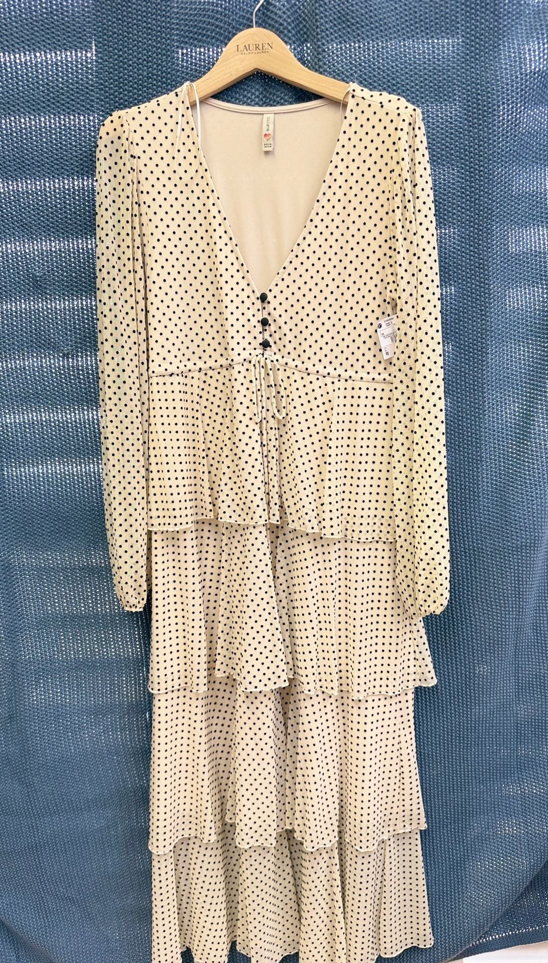 Bluesteel Polka Dot Tiered Long Sleeve Dress Size M Beige Black 2