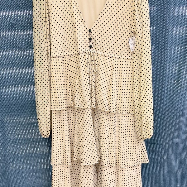 Bluesteel Polka Dot Tiered Long Sleeve Dress Size M Beige Black