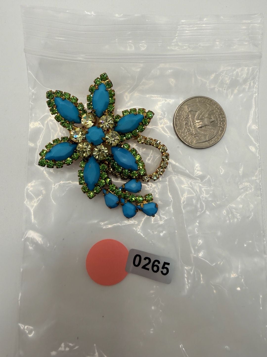 Vintage Statement Flower Brooch Gold Tone Turquoise Rhinestone 3