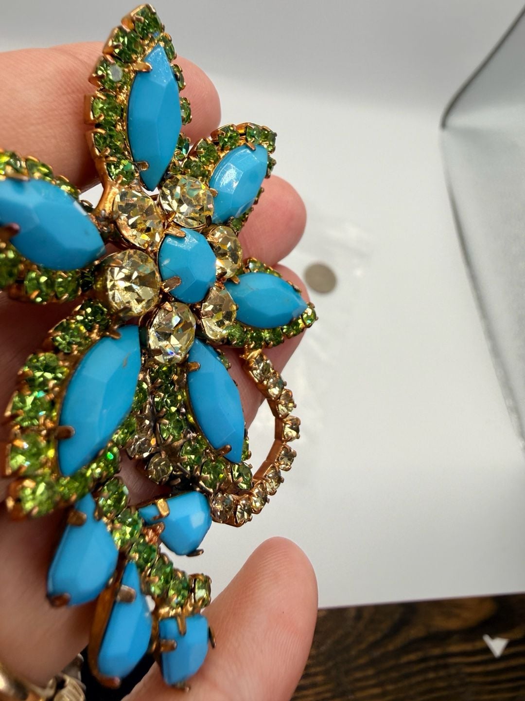 Vintage Statement Flower Brooch Gold Tone Turquoise Rhinestone 5