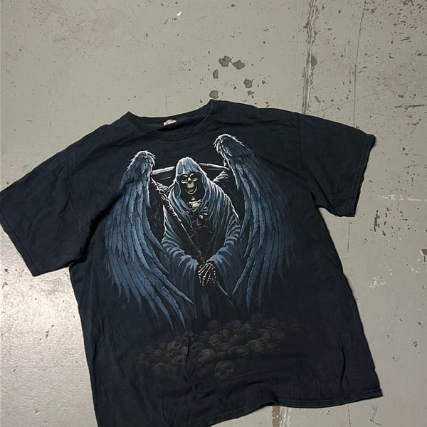 Gildan Grim Reaper Skull Wings T-Shirt Size L Black Goth Grunge