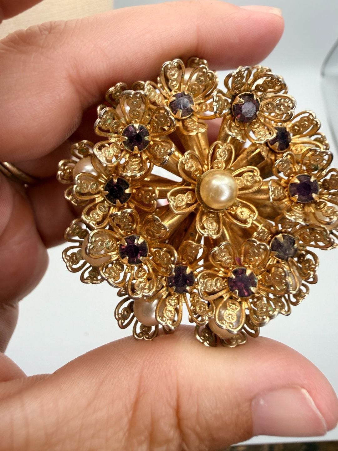 Vintage Gold Tone Floral Brooch Purple Rhinestone Pearl 7