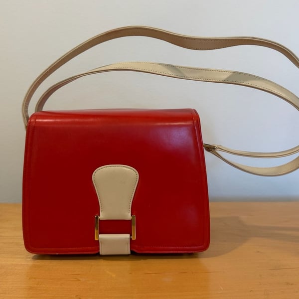 J. Miller Vintage Mid Mod Coquette Preppy Red And White Leather Shoulder Bag