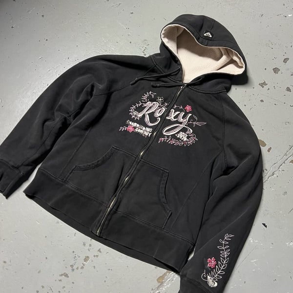 Roxy Boardriding Company Full-Zip Fleece Hoodie Size XL Black Embroidered
