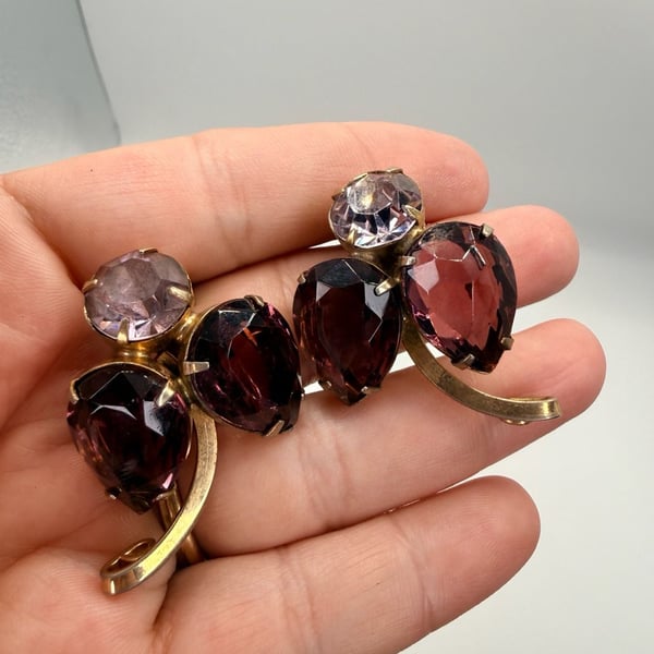 Vintage Purple Rhinestone Clip Earrings Gold Tone