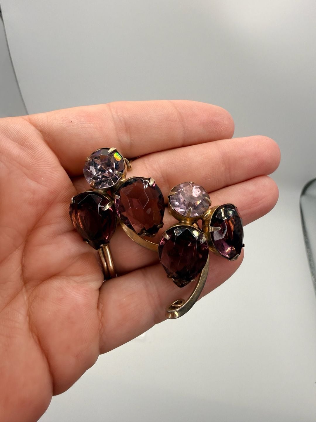 Vintage Purple Rhinestone Clip Earrings Gold Tone 7
