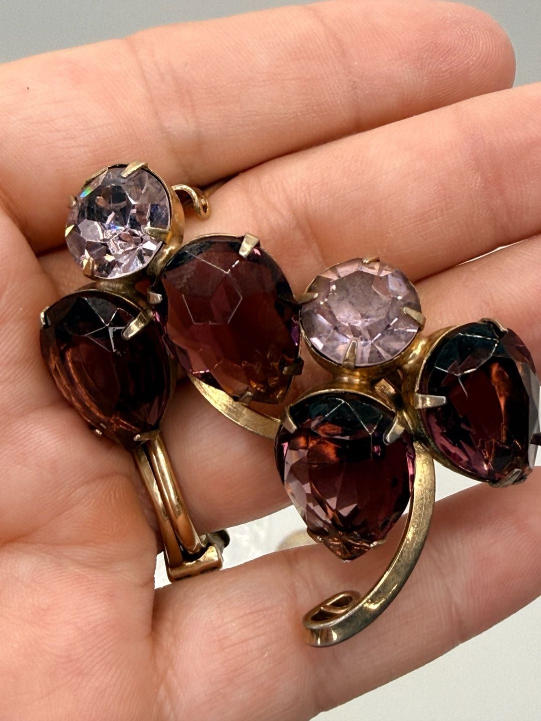 Vintage Purple Rhinestone Clip Earrings Gold Tone 8