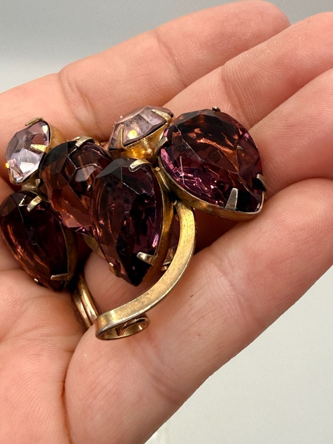 Vintage Purple Rhinestone Clip Earrings Gold Tone 9