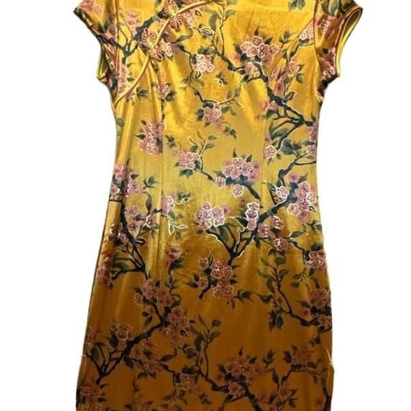 Cheongsam Velvet Mini Dress Yellow Cherry Blossom Qipao