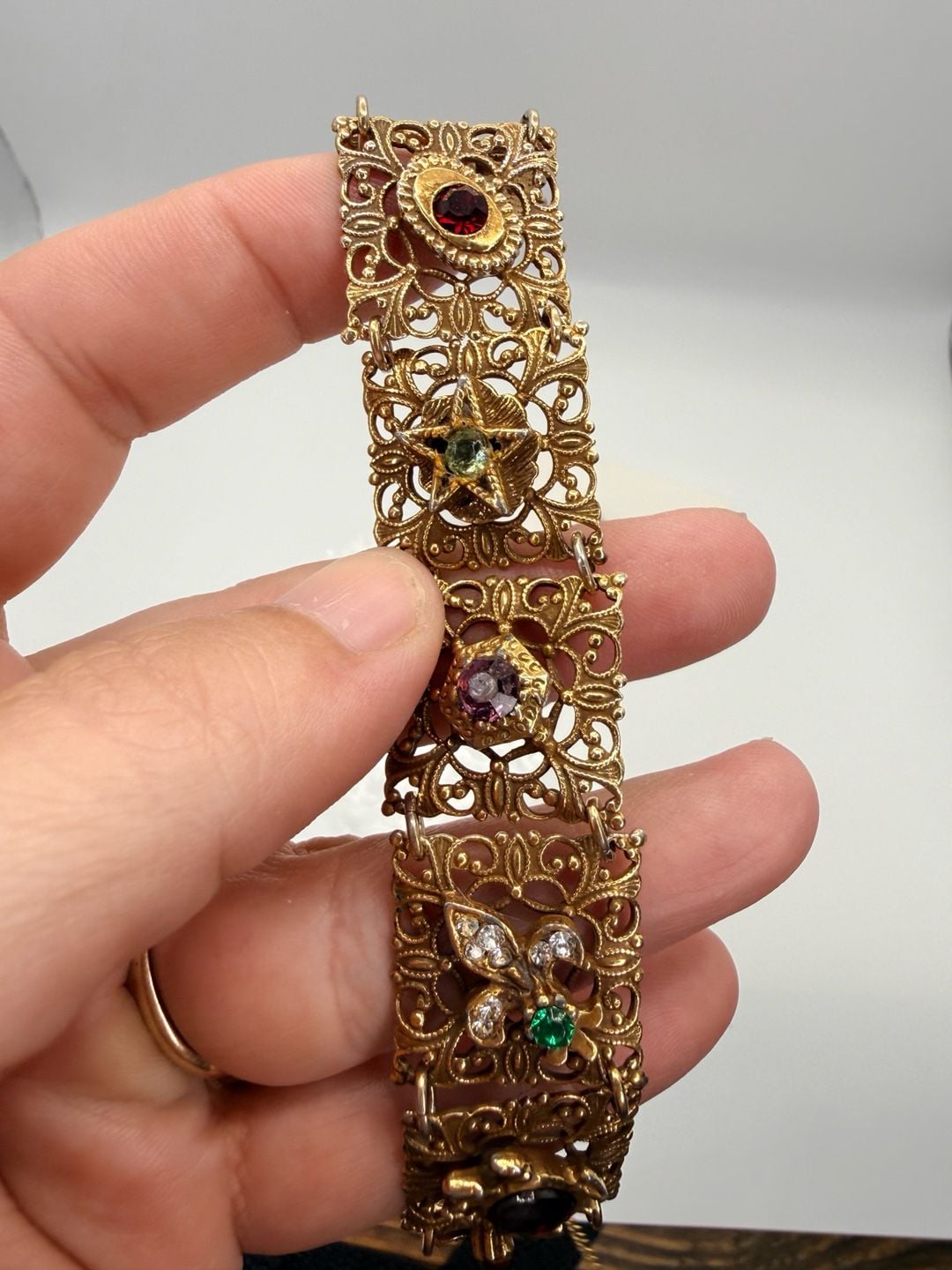 Vintage Ornate Filigree Multi Stone Bracelet 7 Inch 9