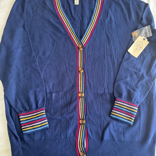 St. John's Bay Cardigan Size PXL Blue Multi-Color Stripe Trim Open Front Sweater