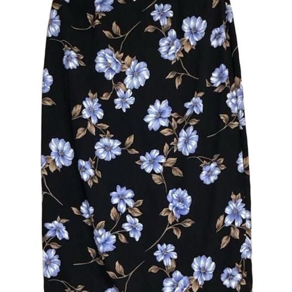 Vintage 90’s I.N. Studio Floral Midi Skirt Size L Black Blue Polyester