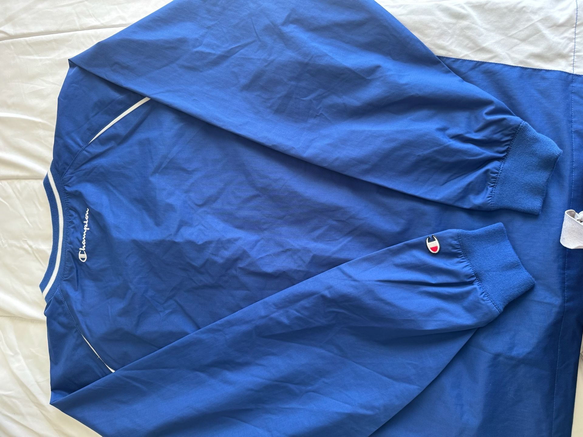 Champion Pullover Windbreaker Jacket Blue White V-Neck Medium 6