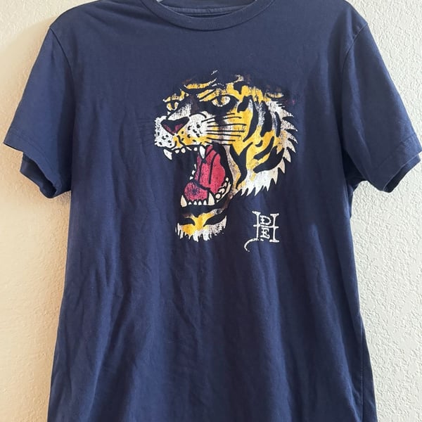 Ed Hardy Men's Tiger Head Graphic T-Shirt Navy Blue Distressed Y2K Retro Tee Size S