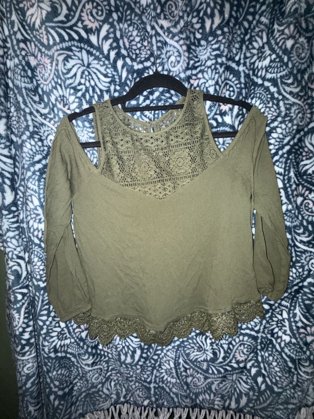 Express Olive Green Off Shoulder Lace Trim Top Size S 2