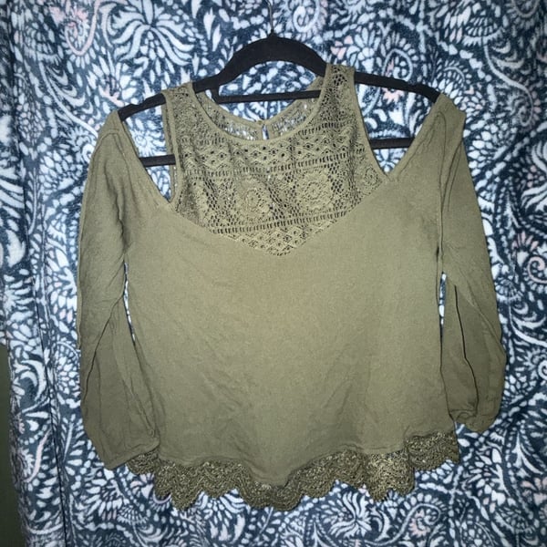 Express Olive Green Off Shoulder Lace Trim Top Size S