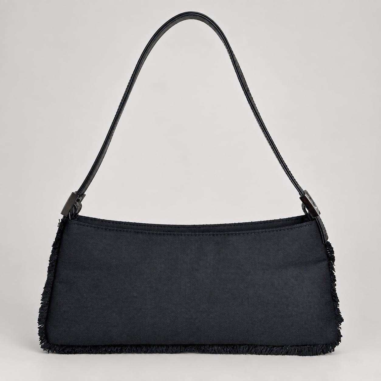 Y2K Black Baguette Shoulder Bag Frayed Trim Mini Purse Grunge Handbag 2