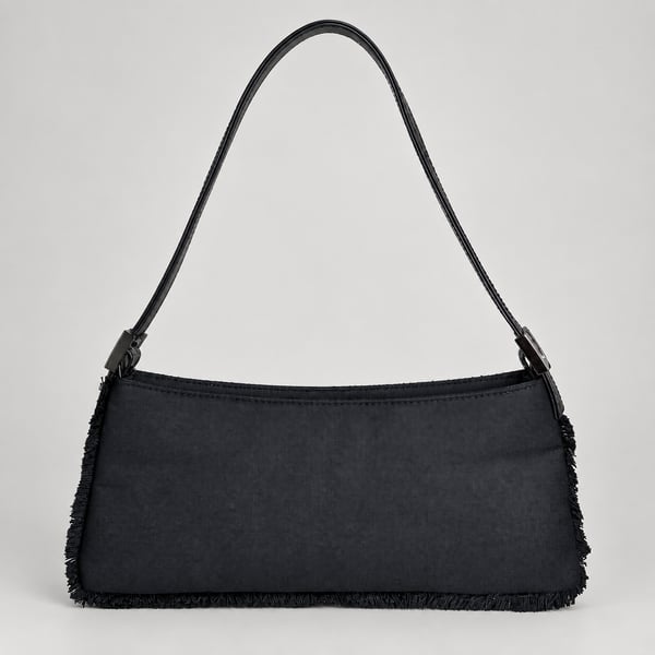Y2K Black Baguette Shoulder Bag Frayed Trim Mini Purse Grunge Handbag 