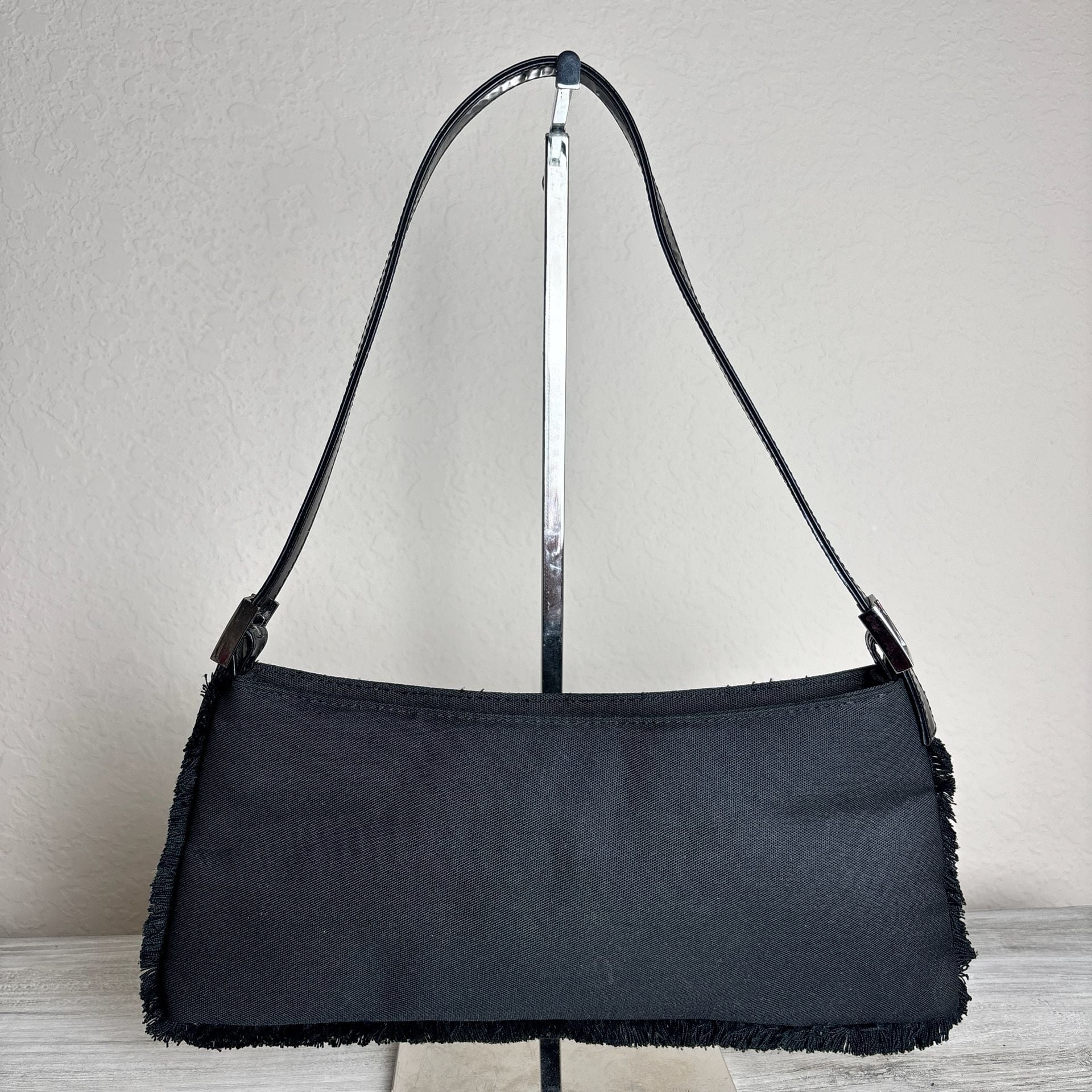 Y2K Black Baguette Shoulder Bag Frayed Trim Mini Purse Grunge Handbag 3