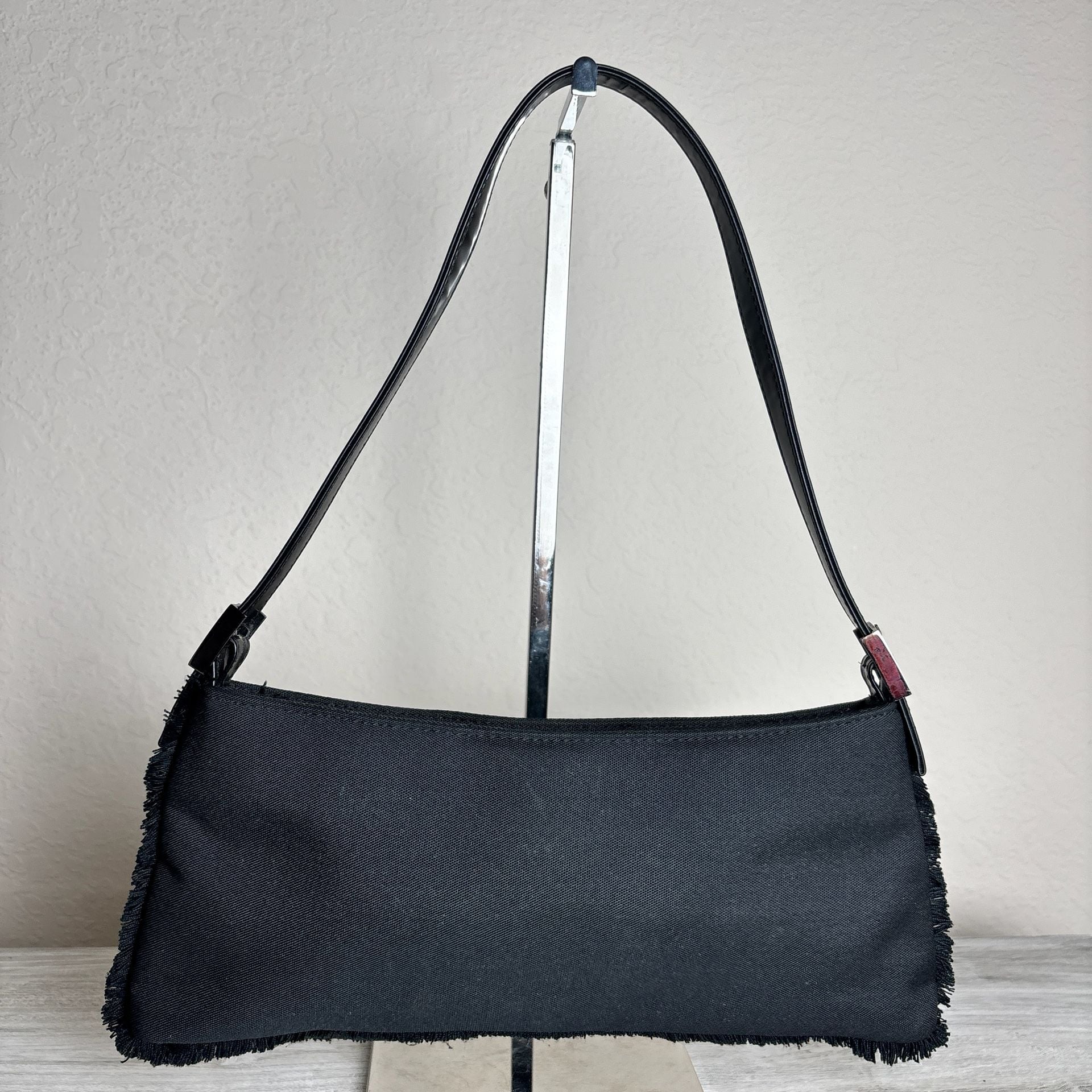 Y2K Black Baguette Shoulder Bag Frayed Trim Mini Purse Grunge Handbag 4