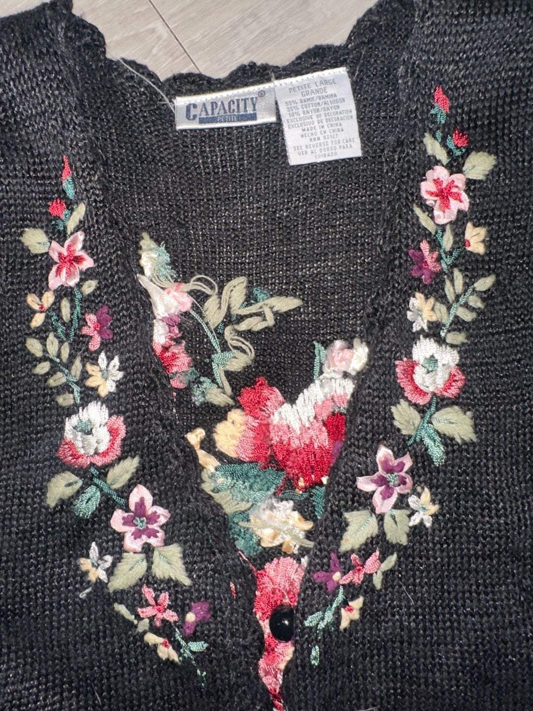 Capacity Petite Large Black Floral Embroidered Knit Sweater Vest with Scalloped 3