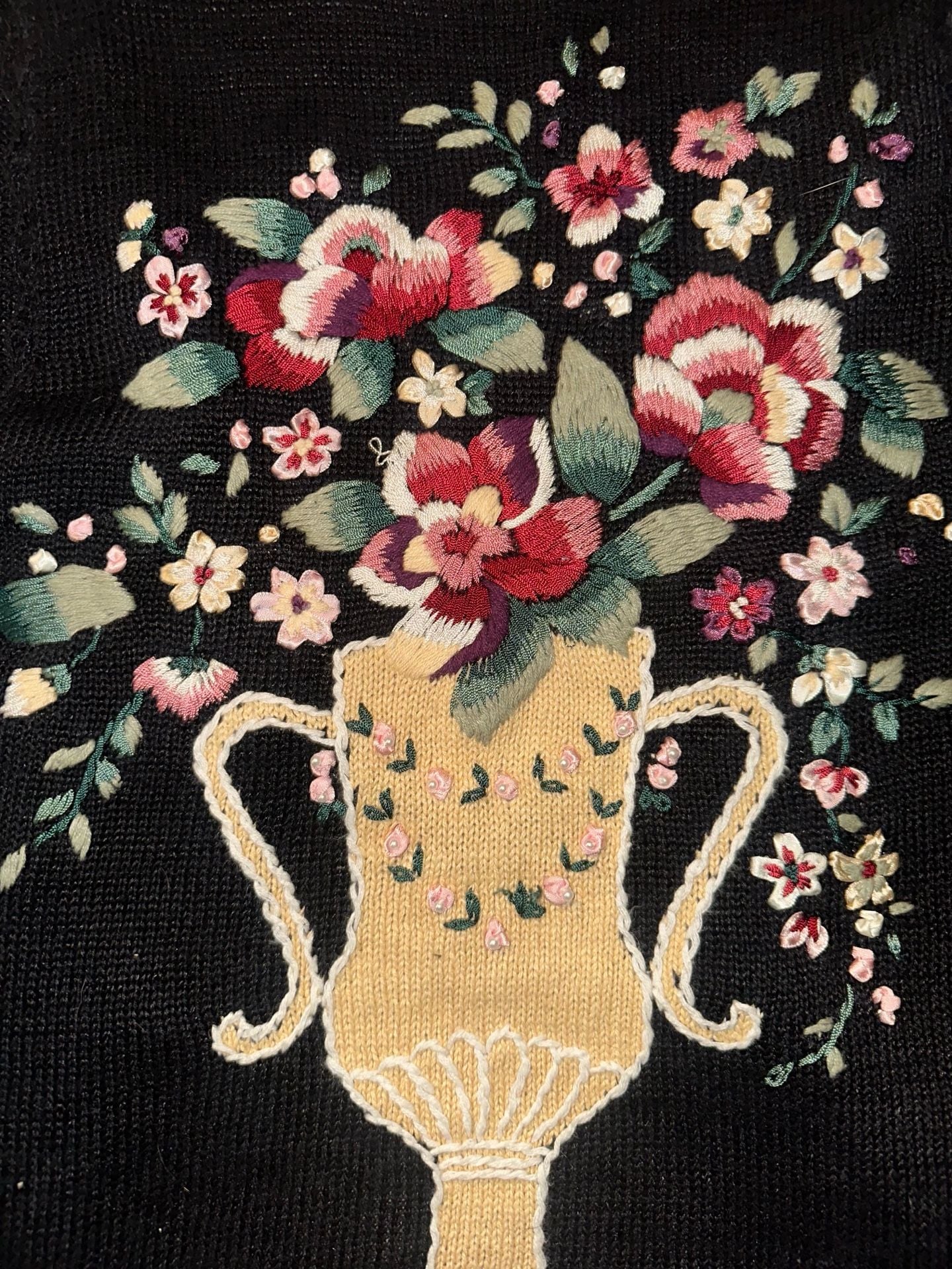 Capacity Petite Large Black Floral Embroidered Knit Sweater Vest with Scalloped 9