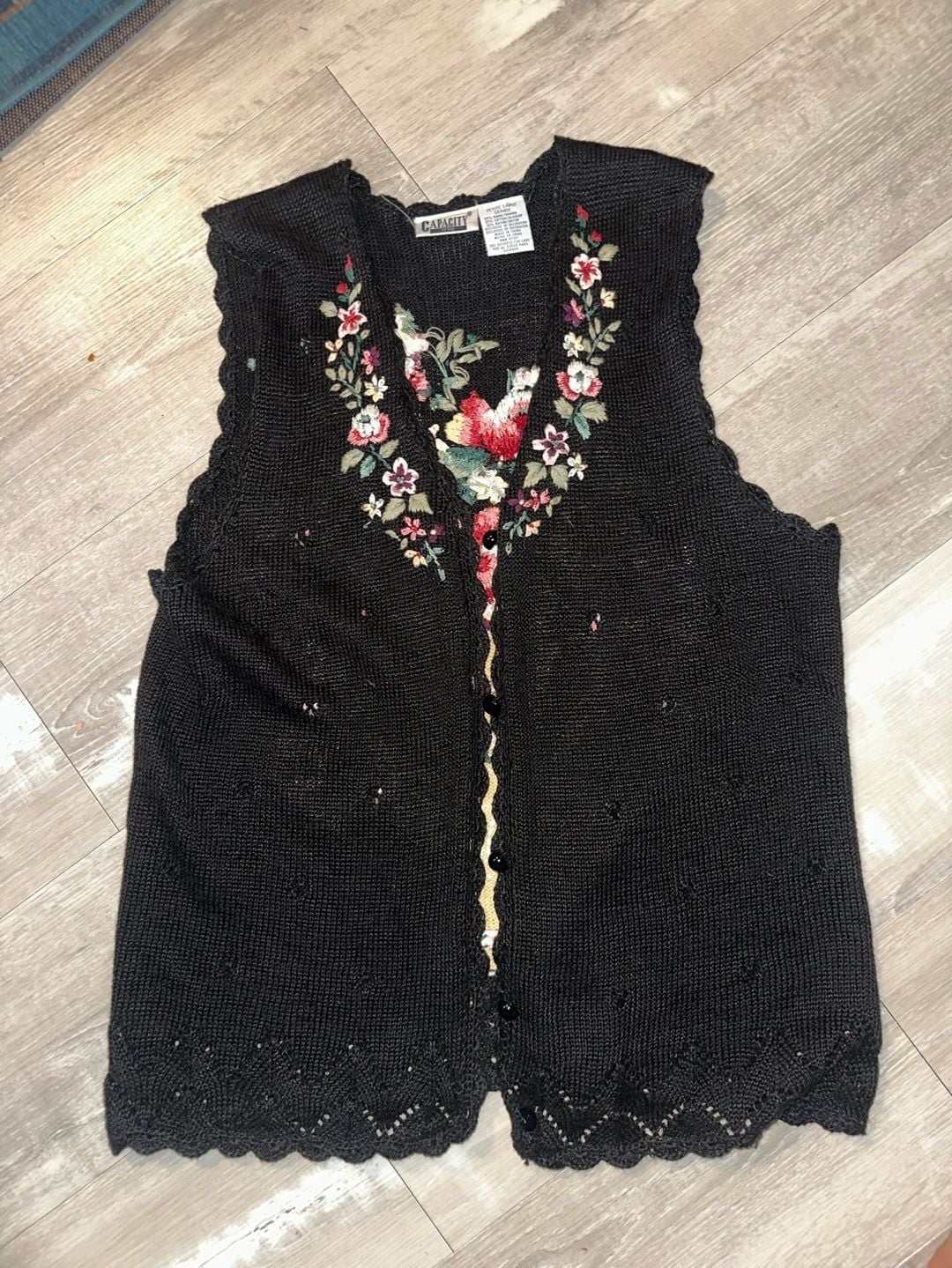 Capacity Petite Large Black Floral Embroidered Knit Sweater Vest with Scalloped 2