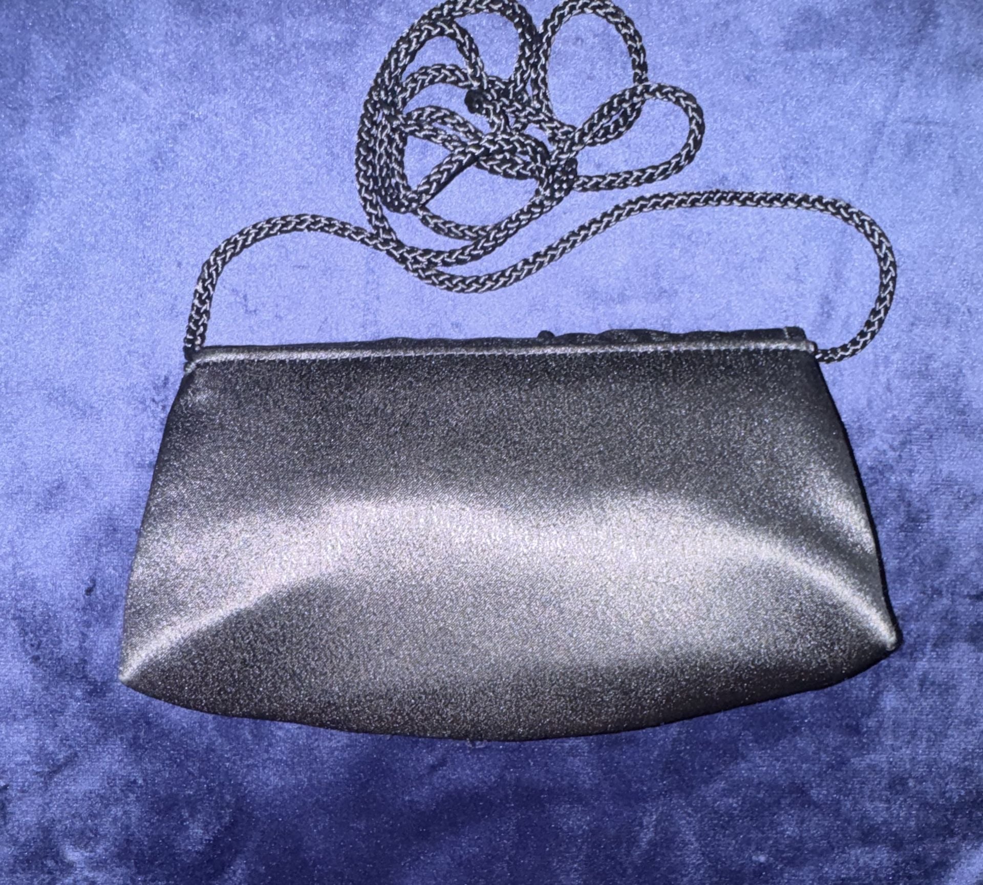 La Regale Satin Clutch Bag with Braided Chain Strap Silver Black 3
