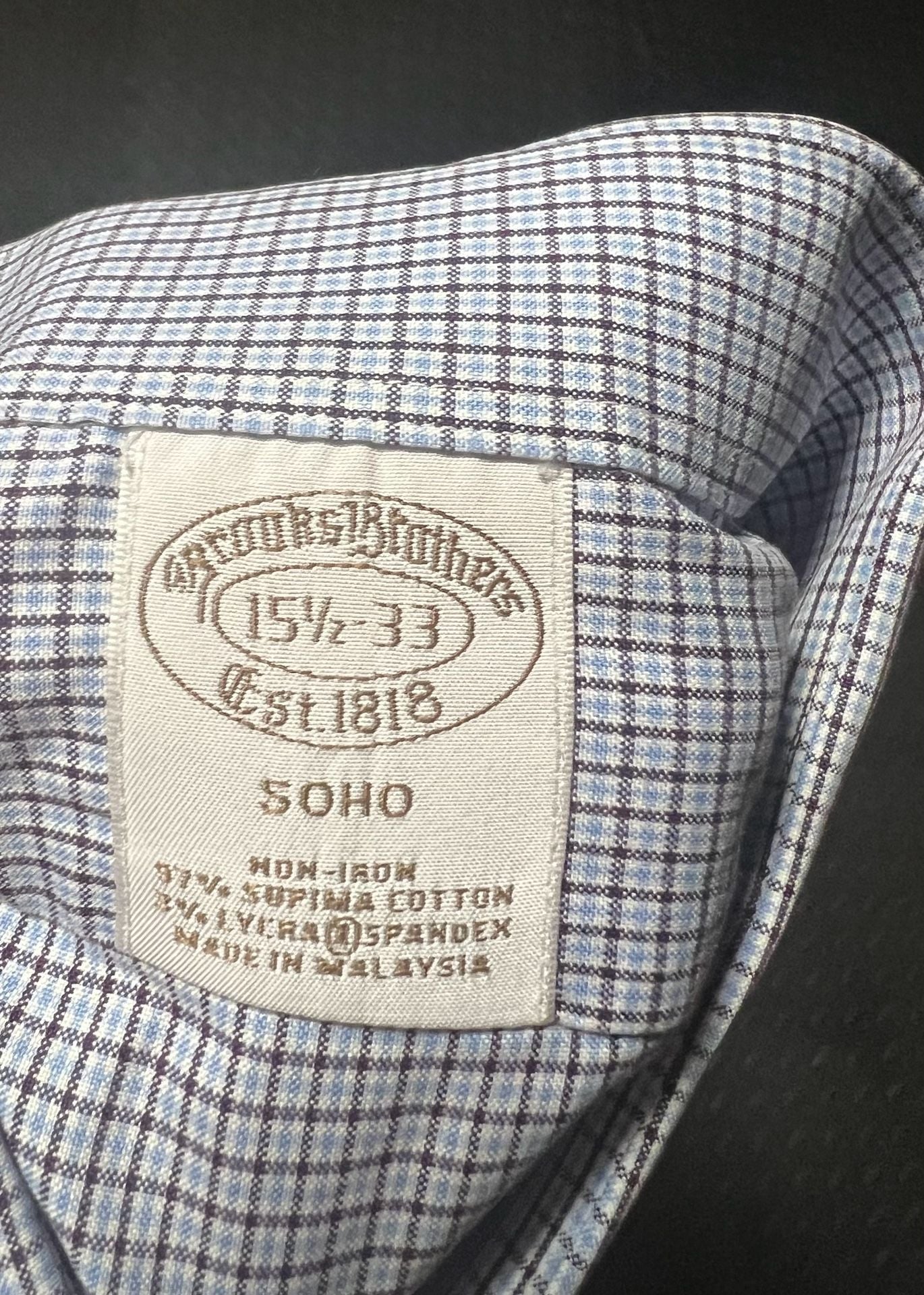 Brooks Brothers Soho Dress Shirt Size 15.5-33 Blue Plaid Non-Iron 3