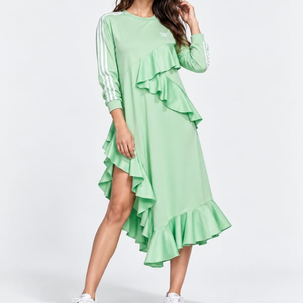 adidas Originals x J KOO Asymmetric Ruffle Dress Glory Mint FT9900 New S: Medium