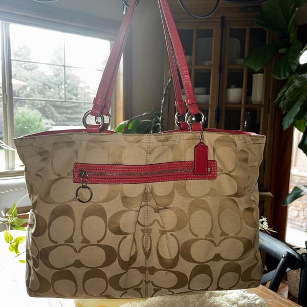 Coach Signature Logo Gabby XL Carryall Shopper Tote Beige/Coral Pink