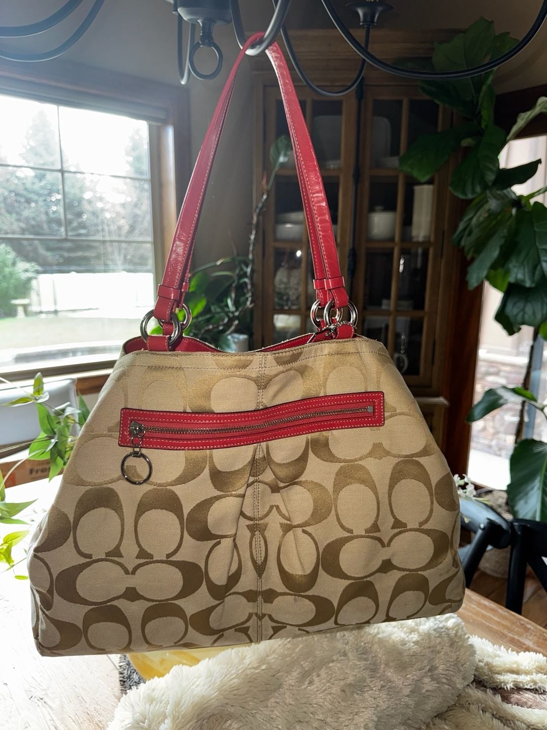 Coach Signature Logo Gabby XL Carryall Shopper Tote Beige/Coral Pink 4